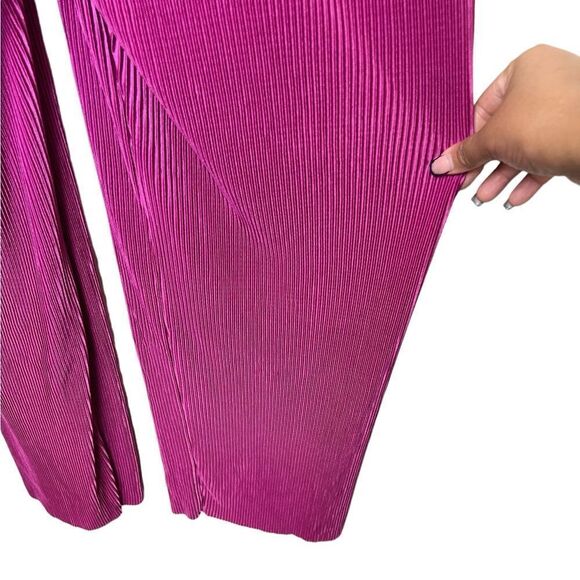 Lulu’s Fun Perfection Magenta Barbiecore Satin Plisse Wide-Leg Halter Jumpsuit - Picture 8 of 10
